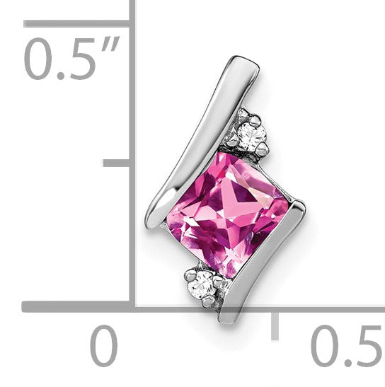 14k White Gold 7mm Cushion October/Lab Created Pink Sapphire and Diamond Chain Slide