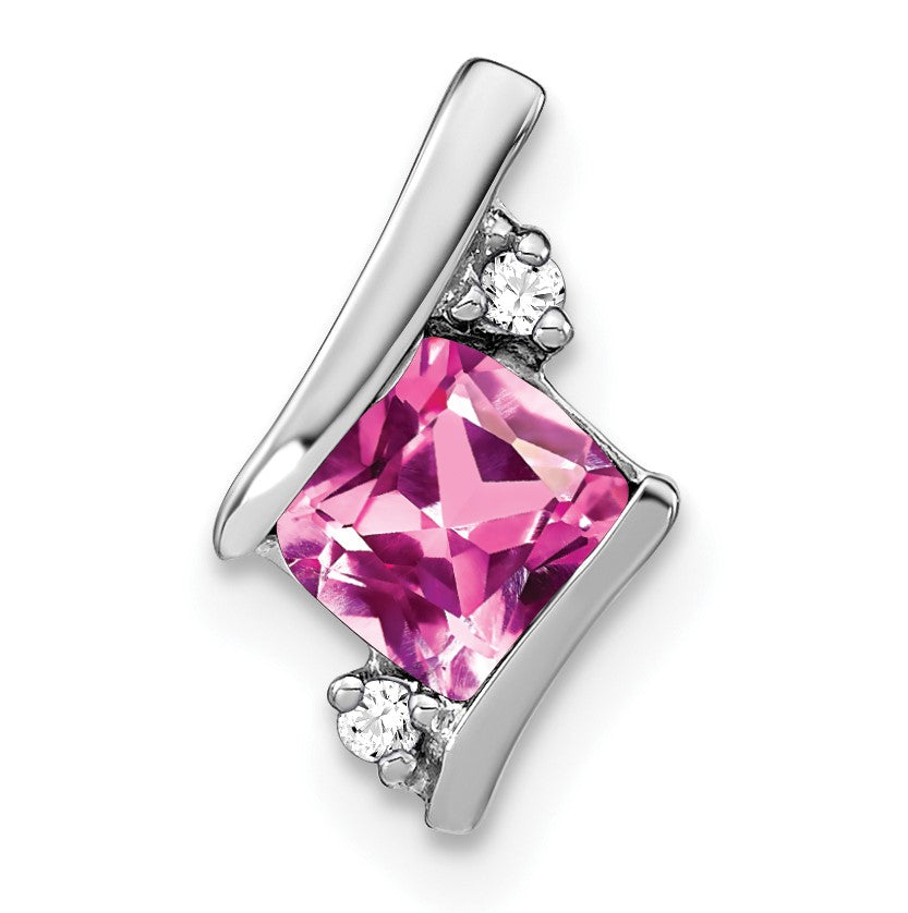 14k White Gold 7mm Cushion October/Lab Created Pink Sapphire and Diamond Chain Slide