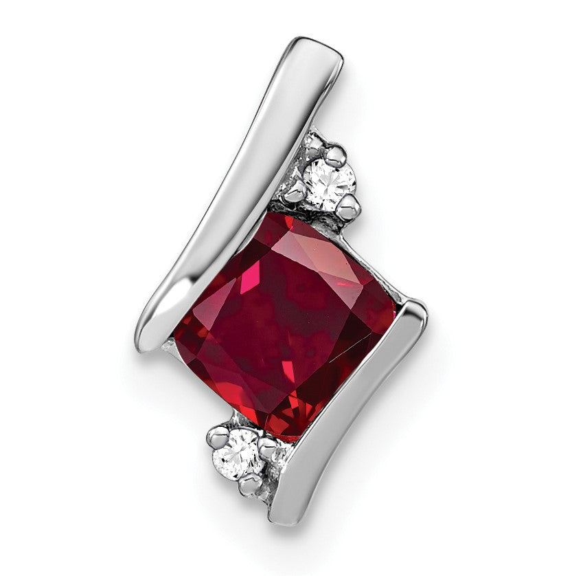 14k White Gold 7mm Cushion July/Lab Created Ruby and Diamond Chain Slide