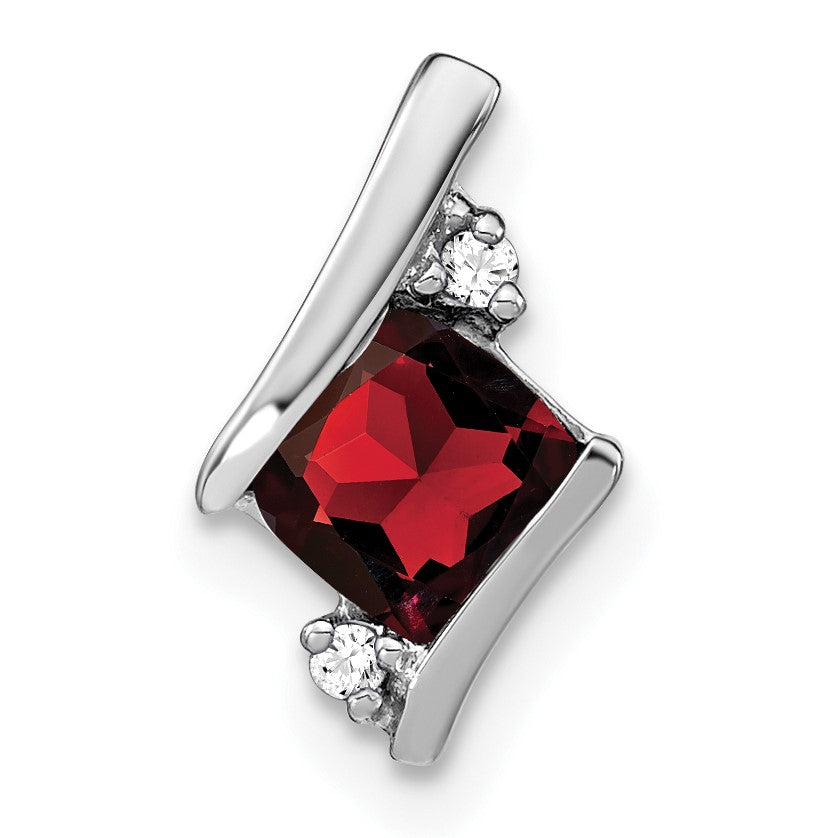 14k White Gold 7mm Cushion January/Garnet and Diamond Chain Slide
