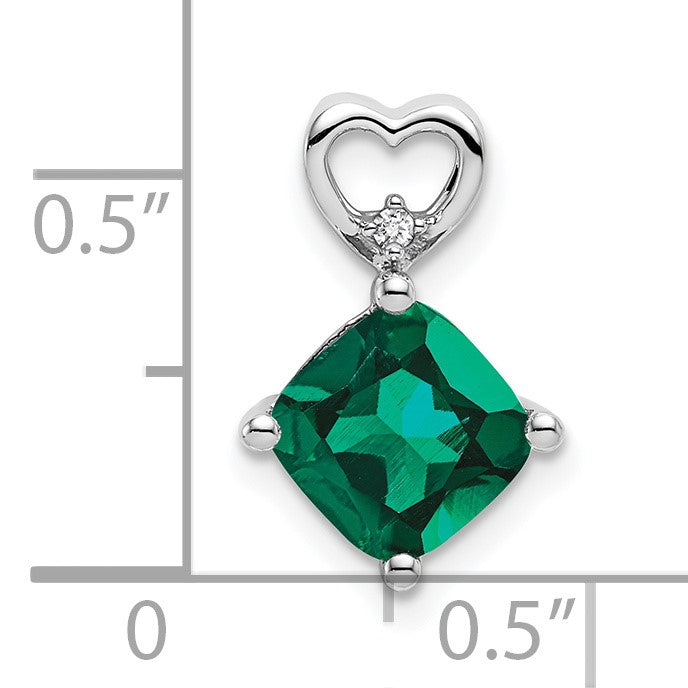 14k White Gold 7mm Cushion May/Lab Created Emerald and Diamond Heart Chain Slide