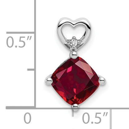 14k White Gold 7mm Cushion July/Lab Created Ruby and Diamond Heart Chain Slide