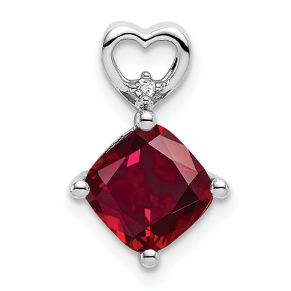 14k White Gold 7mm Cushion July/Lab Created Ruby and Diamond Heart Chain Slide