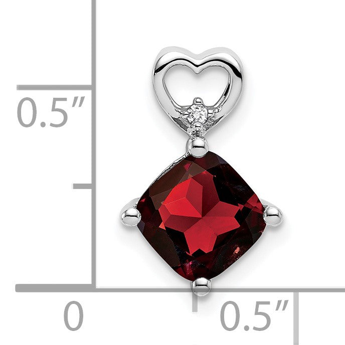 14k White Gold 7mm Cushion January/Garnet and Diamond Heart Chain Slide