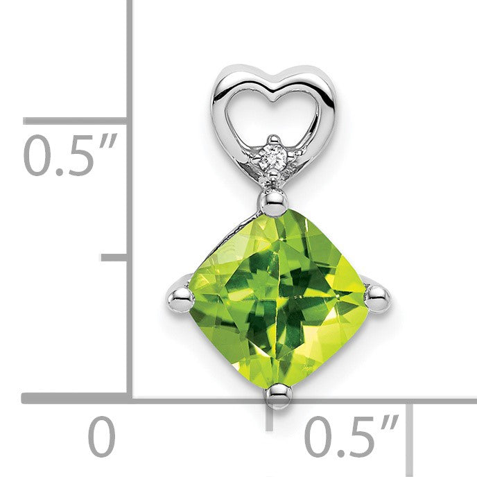 14k White Gold 7mm Cushion August/Peridot and Diamond Heart Chain Slide