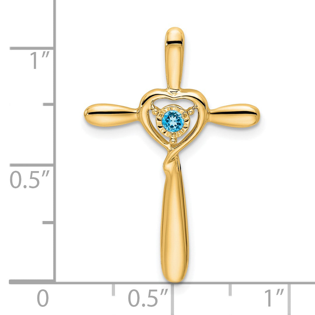 14k December/Blue Topaz Cross with Heart Chain Slide