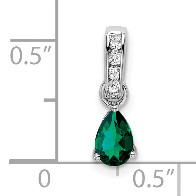 14k White Gold 6x4 Pear May/Lab Created Emerald and Diamond Pendant