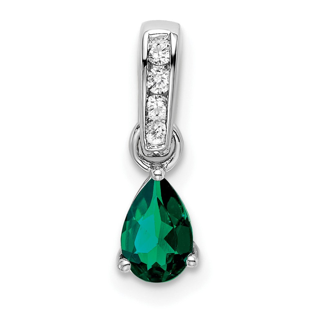 14K White Gold Pear Created Emerald and Diamond Pendant