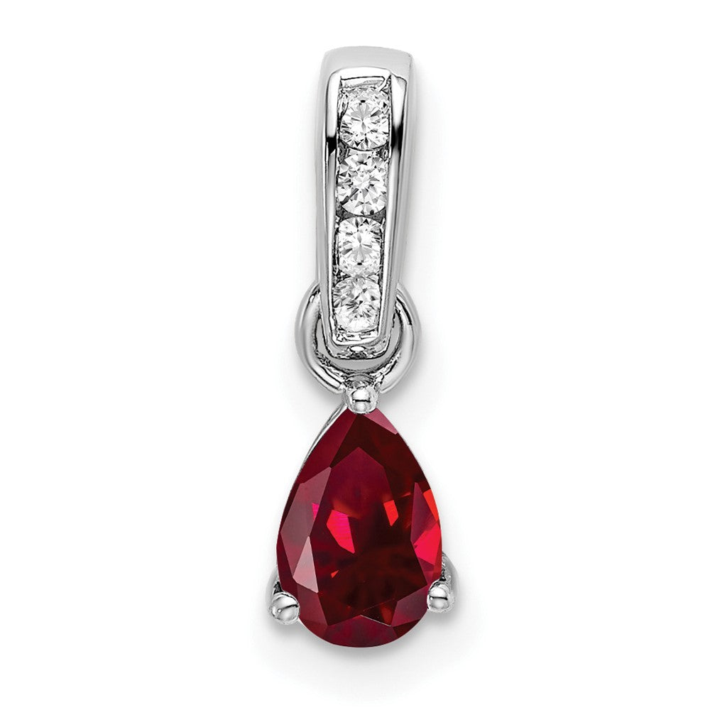 14K White Gold Pear Created Ruby and Diamond Pendant