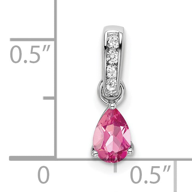 14k White Gold 6x4 Pear October/Pink Tourmaline and Diamond Pendant