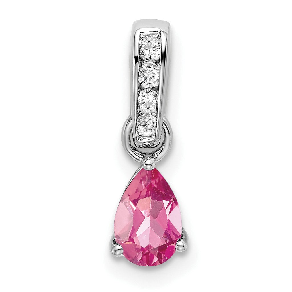 14k White Gold 6x4 Pear October/Pink Tourmaline and Diamond Pendant