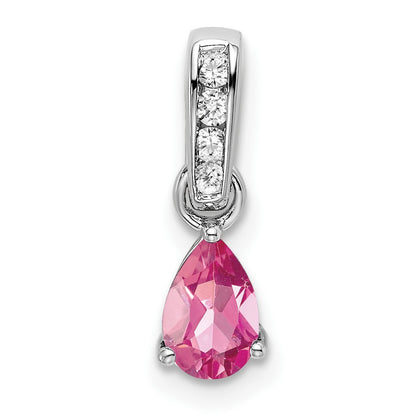 14k White Gold 6x4 Pear October/Pink Tourmaline and Diamond Pendant