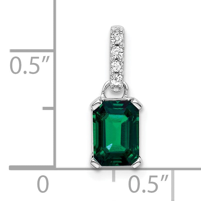 14k White Gold 7x5 Emerald-cut May/Lab Created Emerald and Diamond Pendant