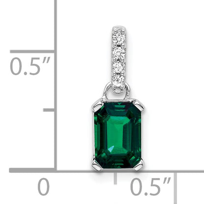 14k White Gold 7x5 Emerald-cut May/Lab Created Emerald and Diamond Pendant