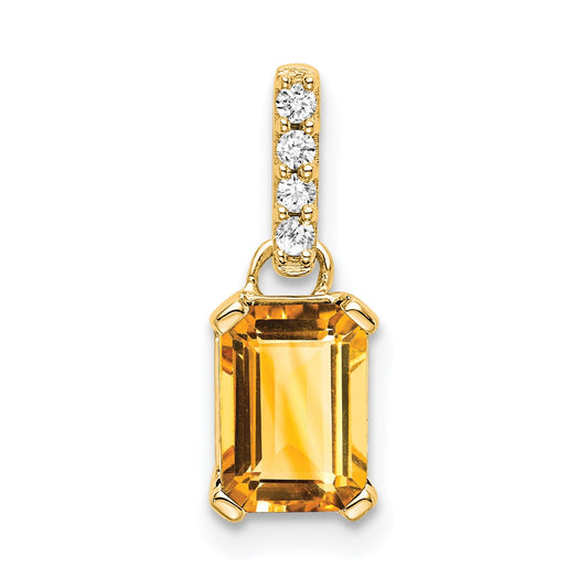 14k 7x5 Emerald-cut November/Citrine and Diamond Pendant