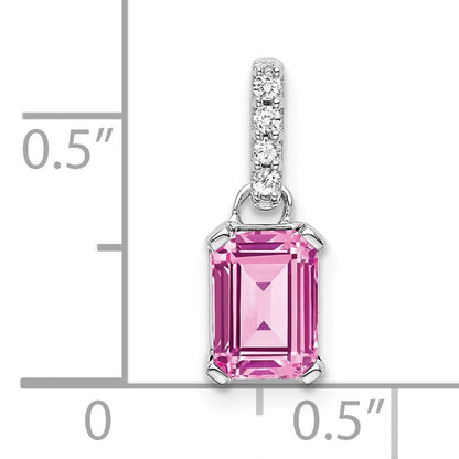 14k White Gold 7x5 Emerald-cut October/Lab Created Pink Sapphire and Diamond Pendant