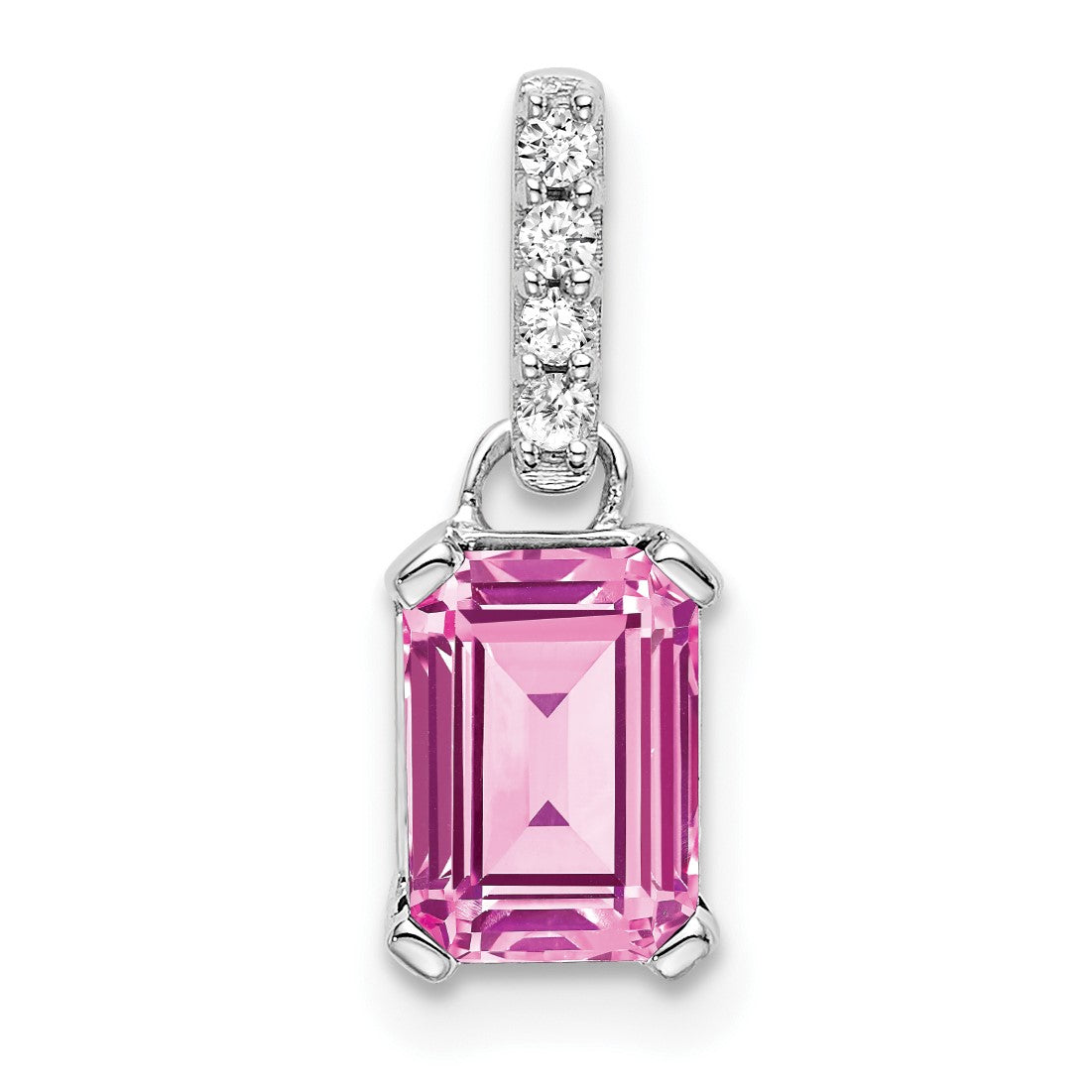 14k White Gold 7x5 Emerald-cut October/Lab Created Pink Sapphire and Diamond Pendant