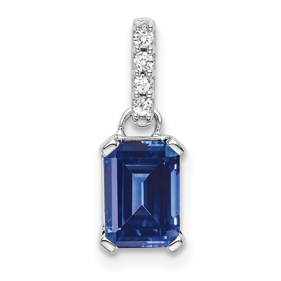 14k White Gold 7x5 Emerald-cut September/Lab Created Sapphire and Diamond Pendant