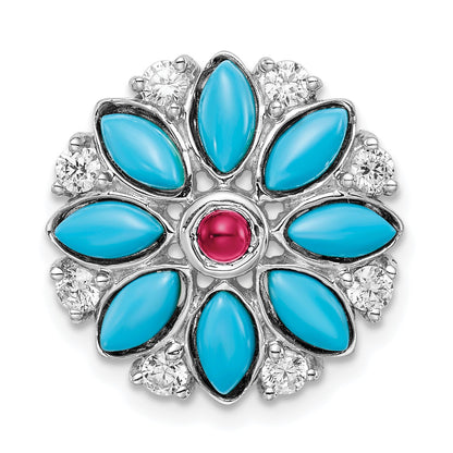 14k White Gold Turquoise/Lab Created Ruby/White Topaz Floral Chain Slide