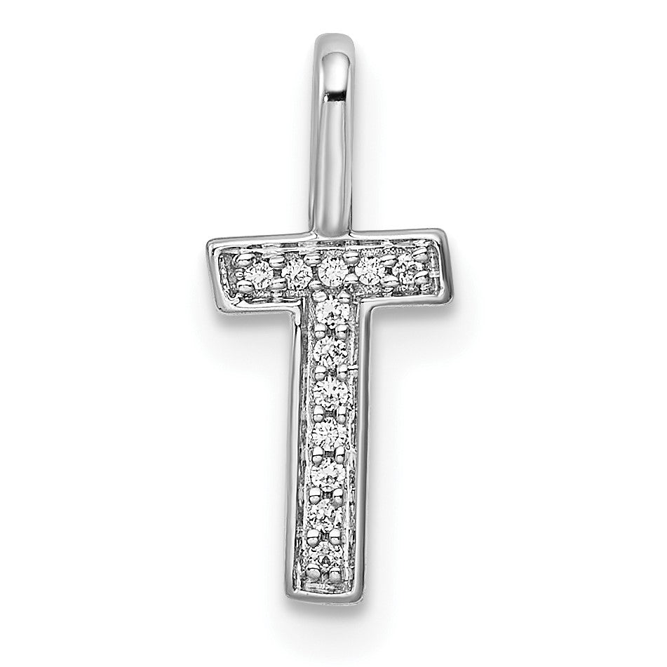 14K White Gold Diamond Letter T Initial Pendant