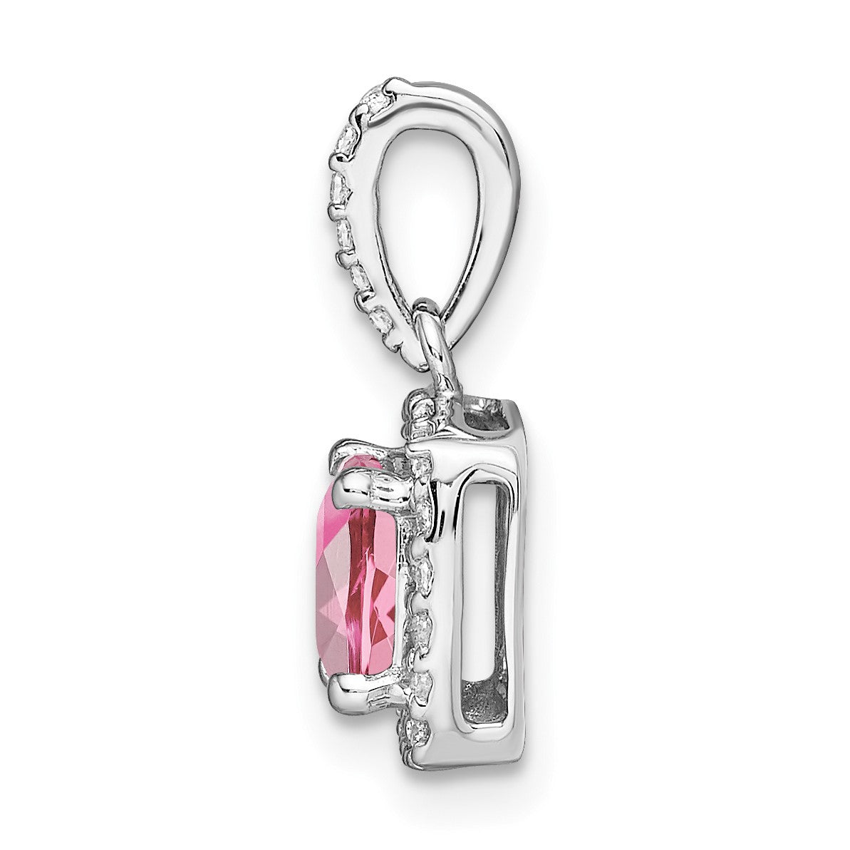 14k White Gold 6mm Cushion Pink Tourmaline and Diamond Halo Pendant