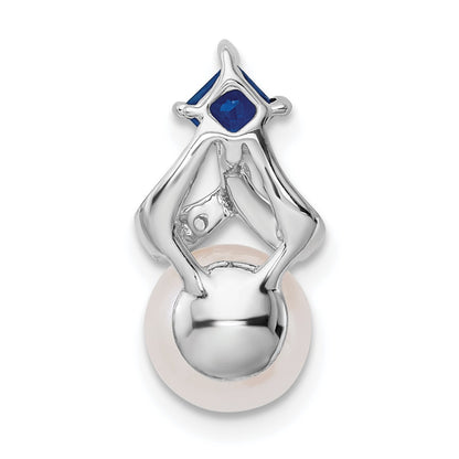 14k White Gold 7-8mm Round White Freshwater Cultured Pearl/Square Sapphire/Diamond Chain Slide
