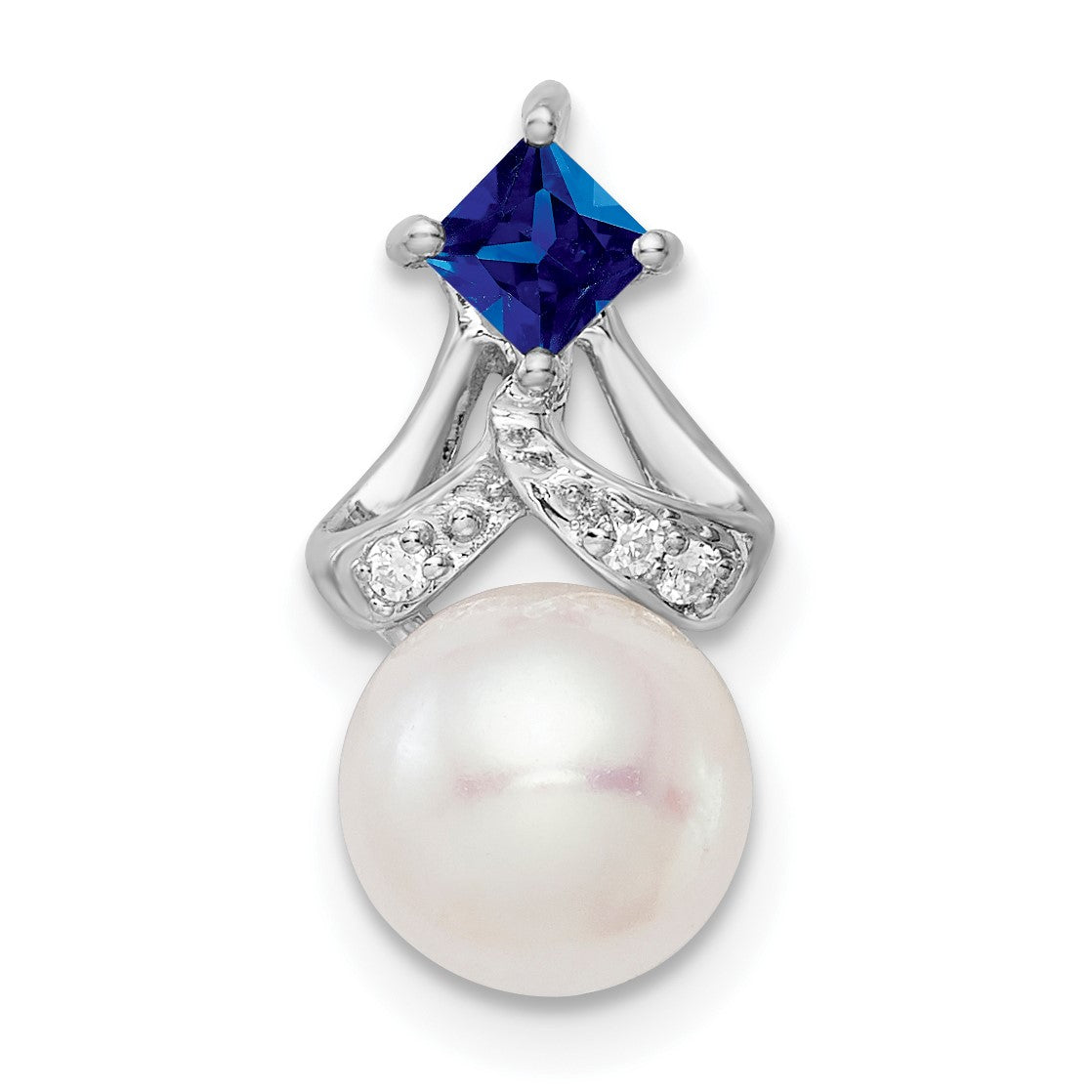 14k White Gold 7-8mm Round White Freshwater Cultured Pearl/Square Sapphire/Diamond Chain Slide