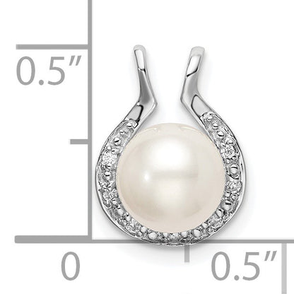 14k White Gold 7-8mm Round White Freshwater Cultured Pearl and Diamond Chain Slide