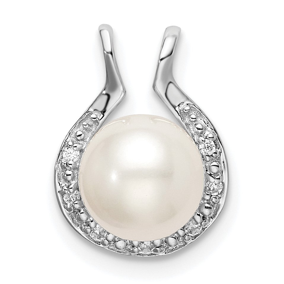 14k White Gold 7-8mm Round White Freshwater Cultured Pearl and Diamond Chain Slide