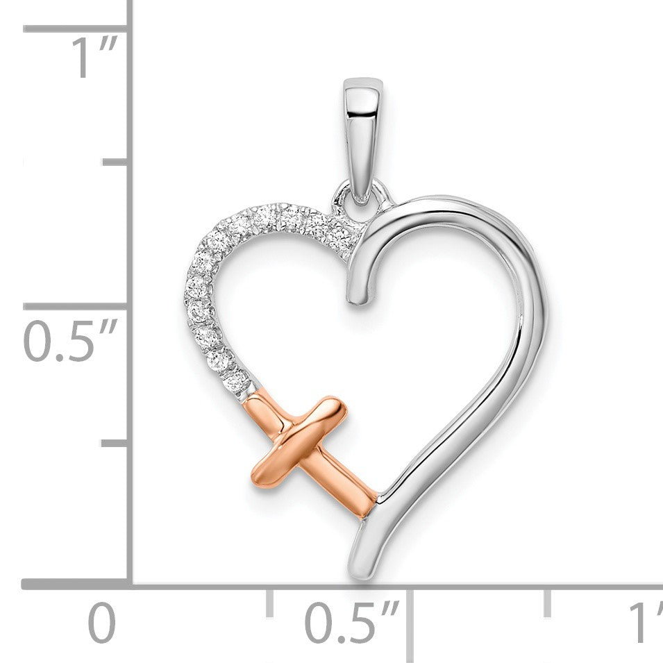 14k Two-tone White and Rose Heart with Cross 1/20 carat Diamond Pendant