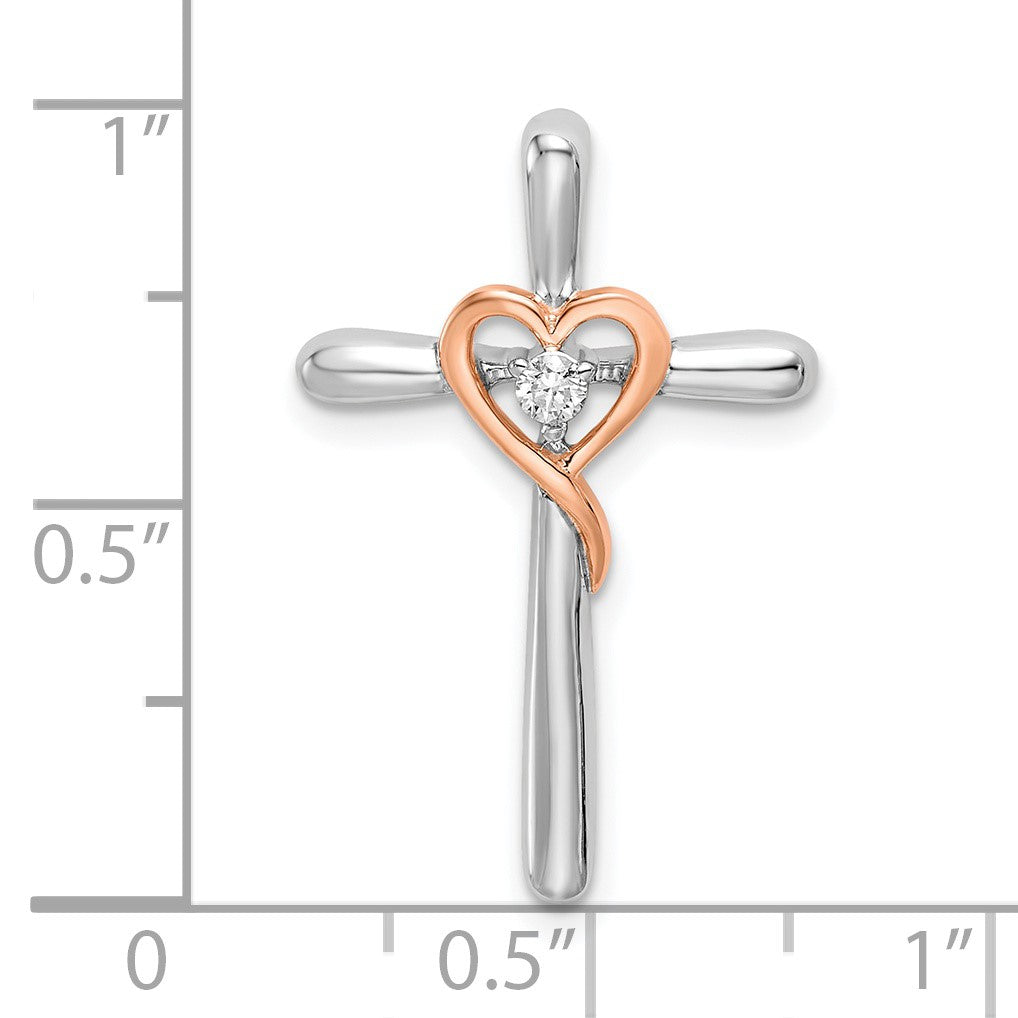 14k Two-tone White and Rose Gold 1/20 carat Cross with Heart Chain Slide