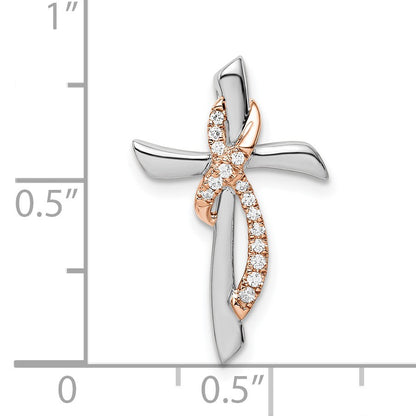 14k Two-tone White and Rose Gold 1/15 carat Diamond Cross with Ribbon Chain Slide