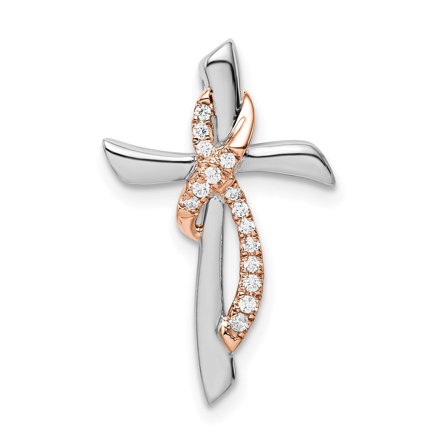 14k Two-tone White and Rose Gold 1/15 carat Diamond Cross with Ribbon Chain Slide