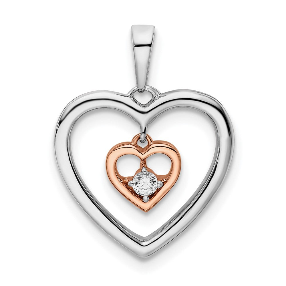 14k Two-tone White and Rose Double Heart Diamond Pendant