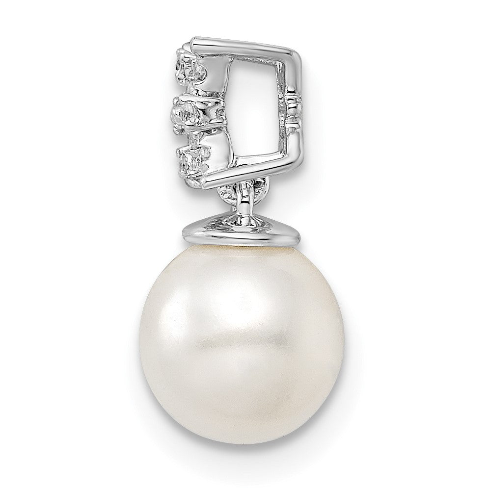 14k White Gold 7-8mm Round White Freshwater Cultured Pearl and Diamond Chain Slide