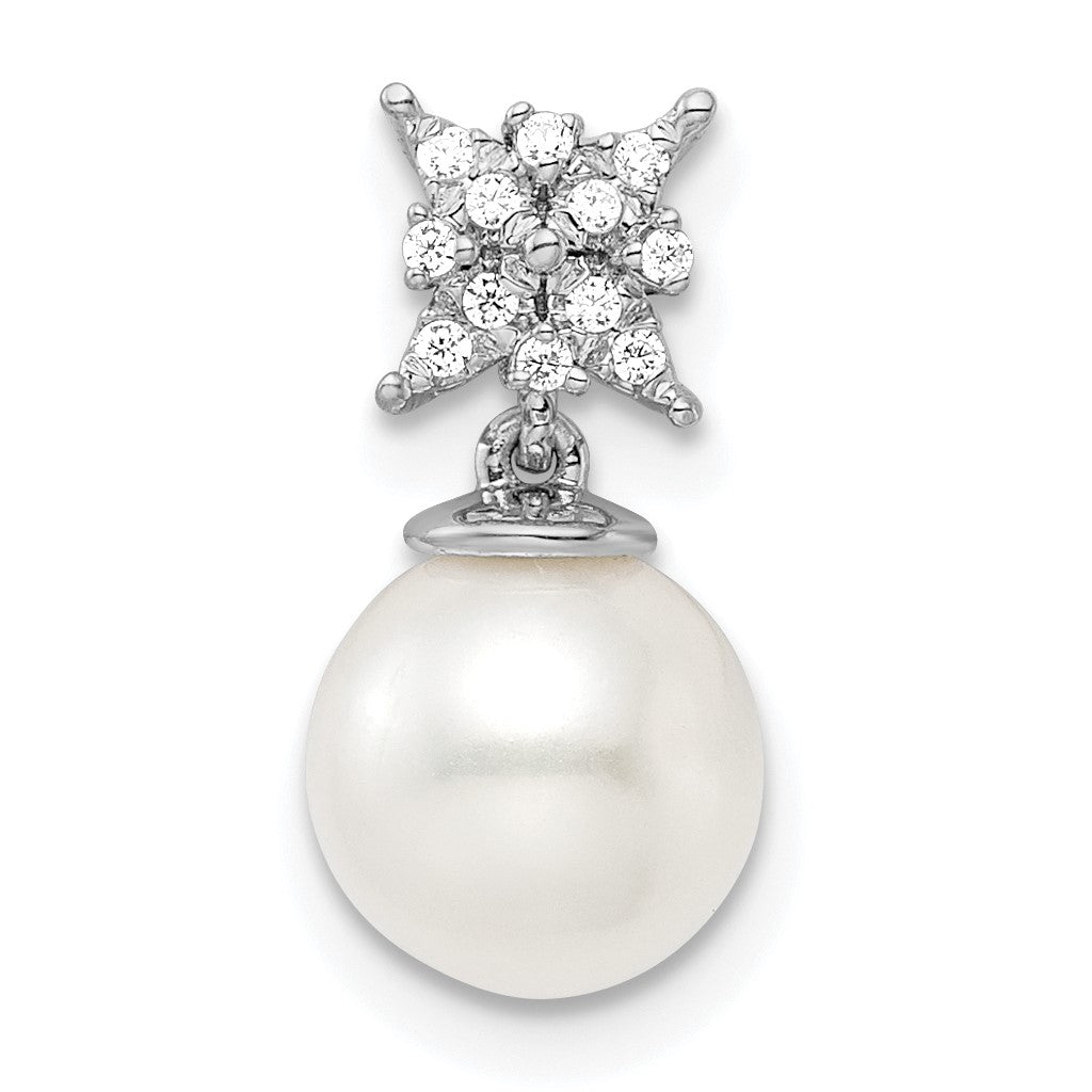 14k White Gold 7-8mm Round White Freshwater Cultured Pearl and Diamond Chain Slide