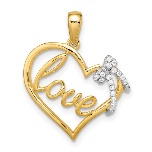 14k Two-tone Polished Heart with Bow Diamond Pendant