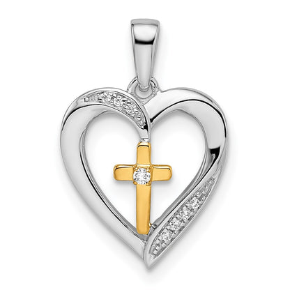 14k Two-tone Heart with Cross Diamond Pendant