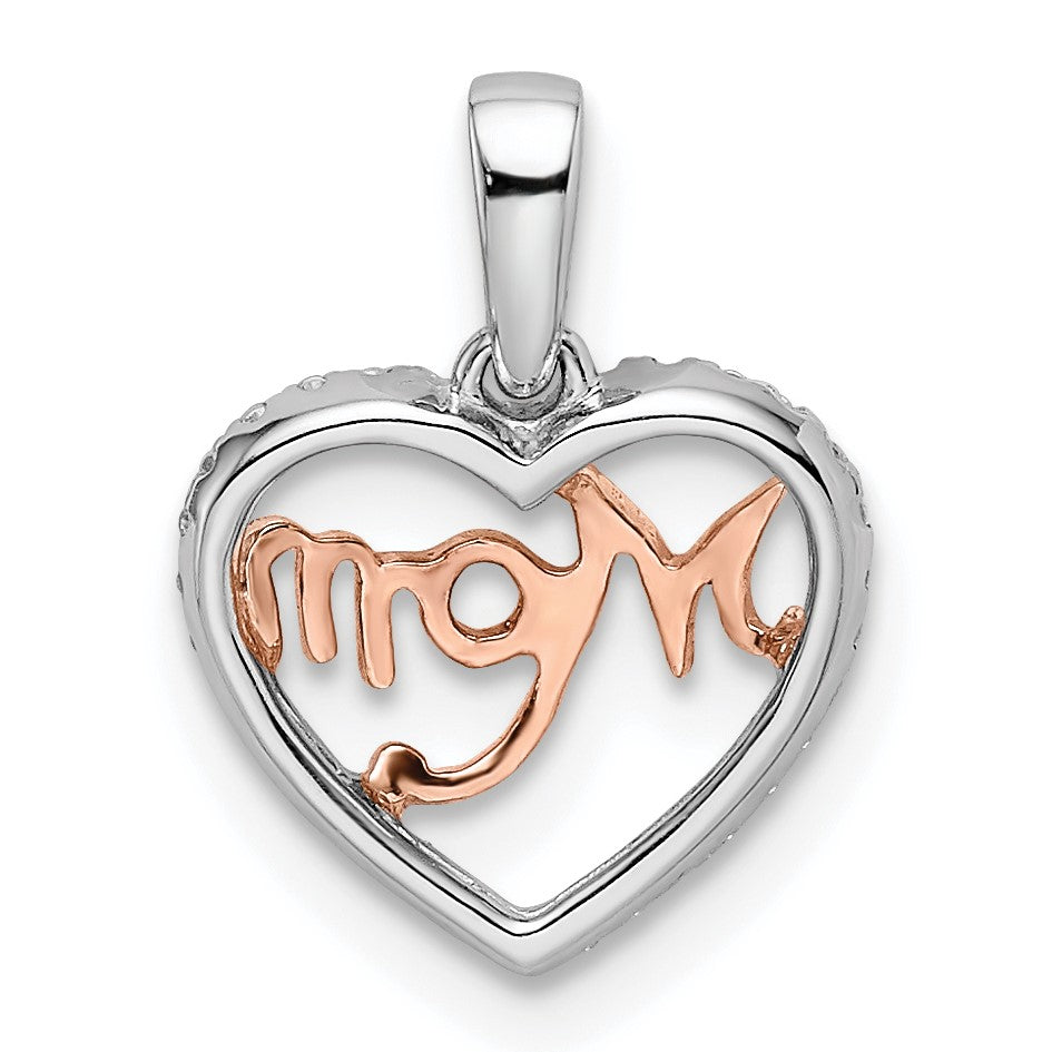 14k Two-tone White and Rose Diamond MOM Script Heart Pendant