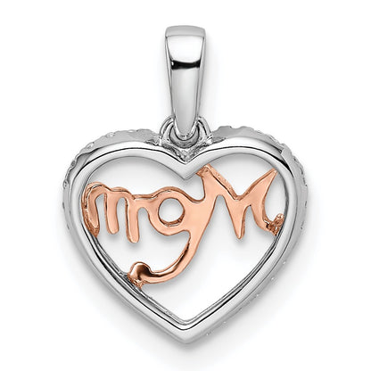 14k Two-tone White and Rose Diamond MOM Script Heart Pendant