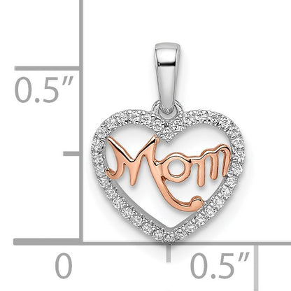14k Two-tone White and Rose Diamond MOM Script Heart Pendant