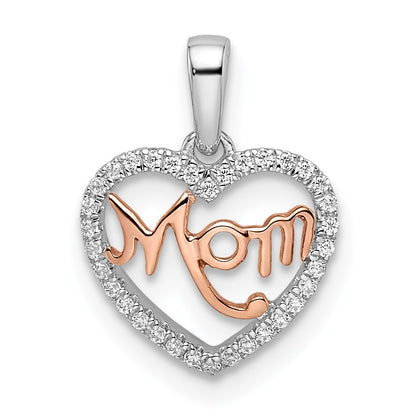 14k Two-tone White and Rose Diamond MOM Script Heart Pendant
