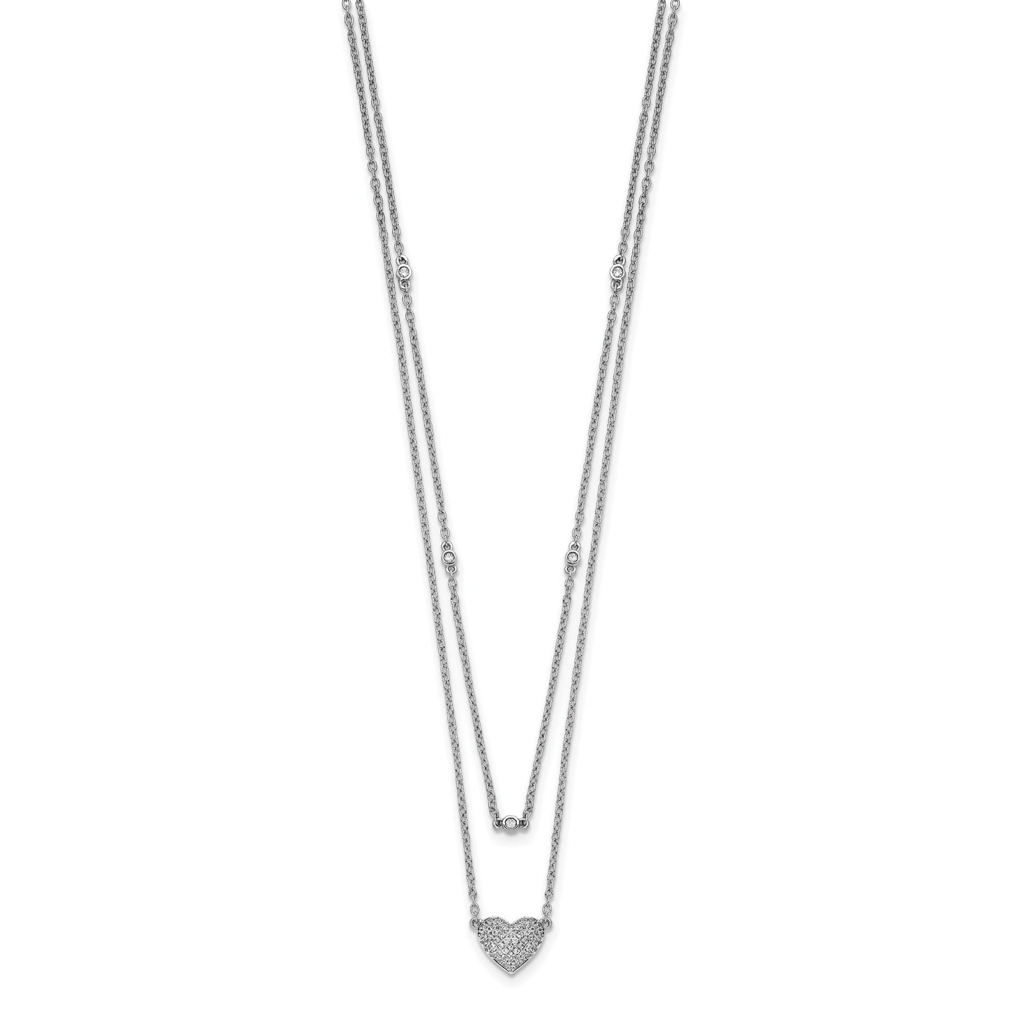 14k White Gold 1/5 carat Pave Diamond Double Strand Heart 18 inch Necklace