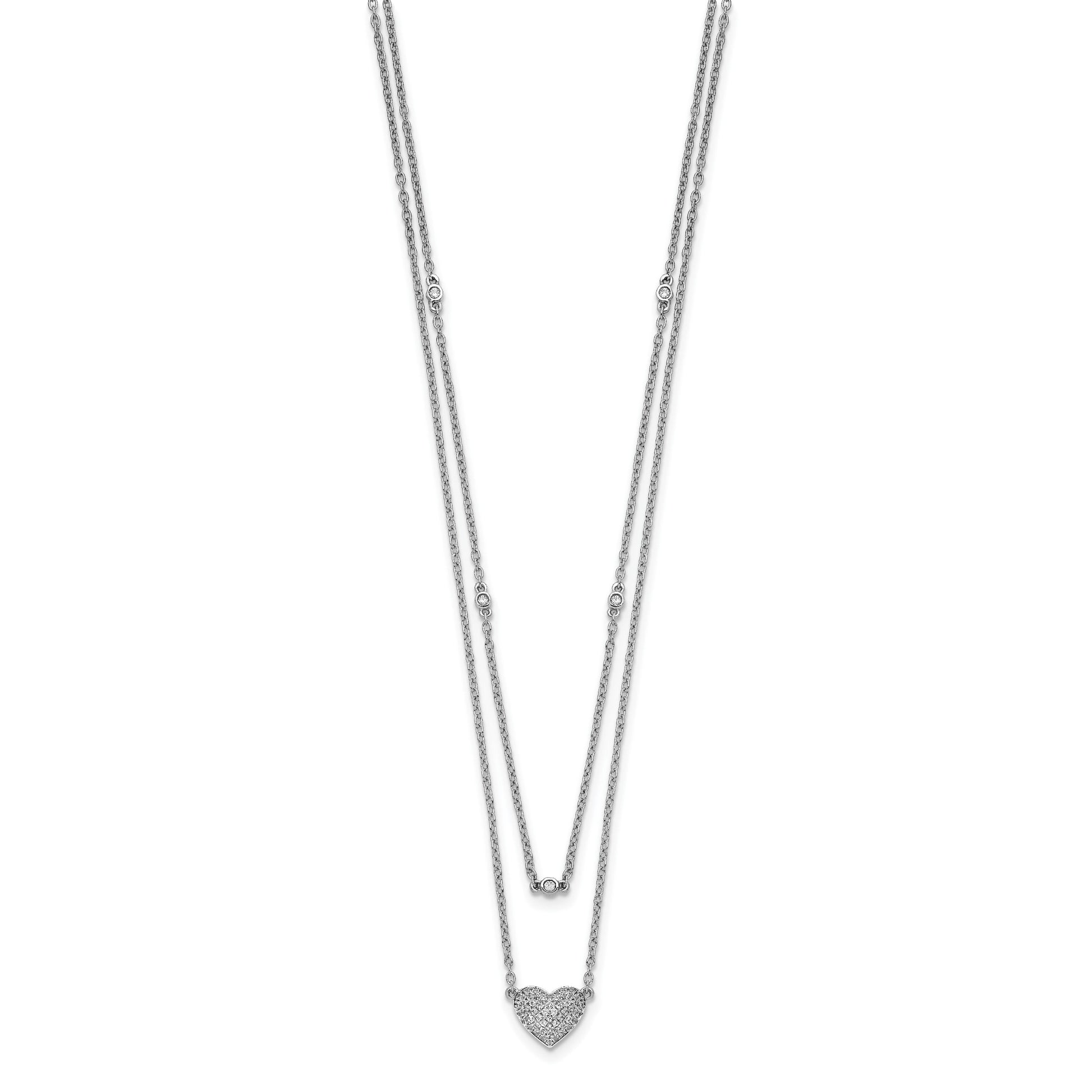 14k White Gold 1/5 carat Pave Diamond Double Strand Heart 18 inch Necklace