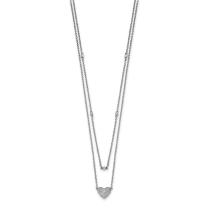 14k White Gold 1/5 carat Pave Diamond Double Strand Heart 18 inch Necklace