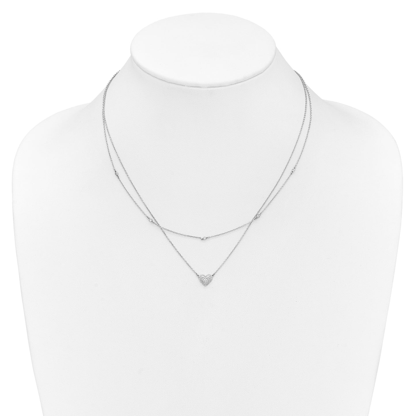 14k White Gold 1/5 carat Pave Diamond Double Strand Heart 18 inch Necklace