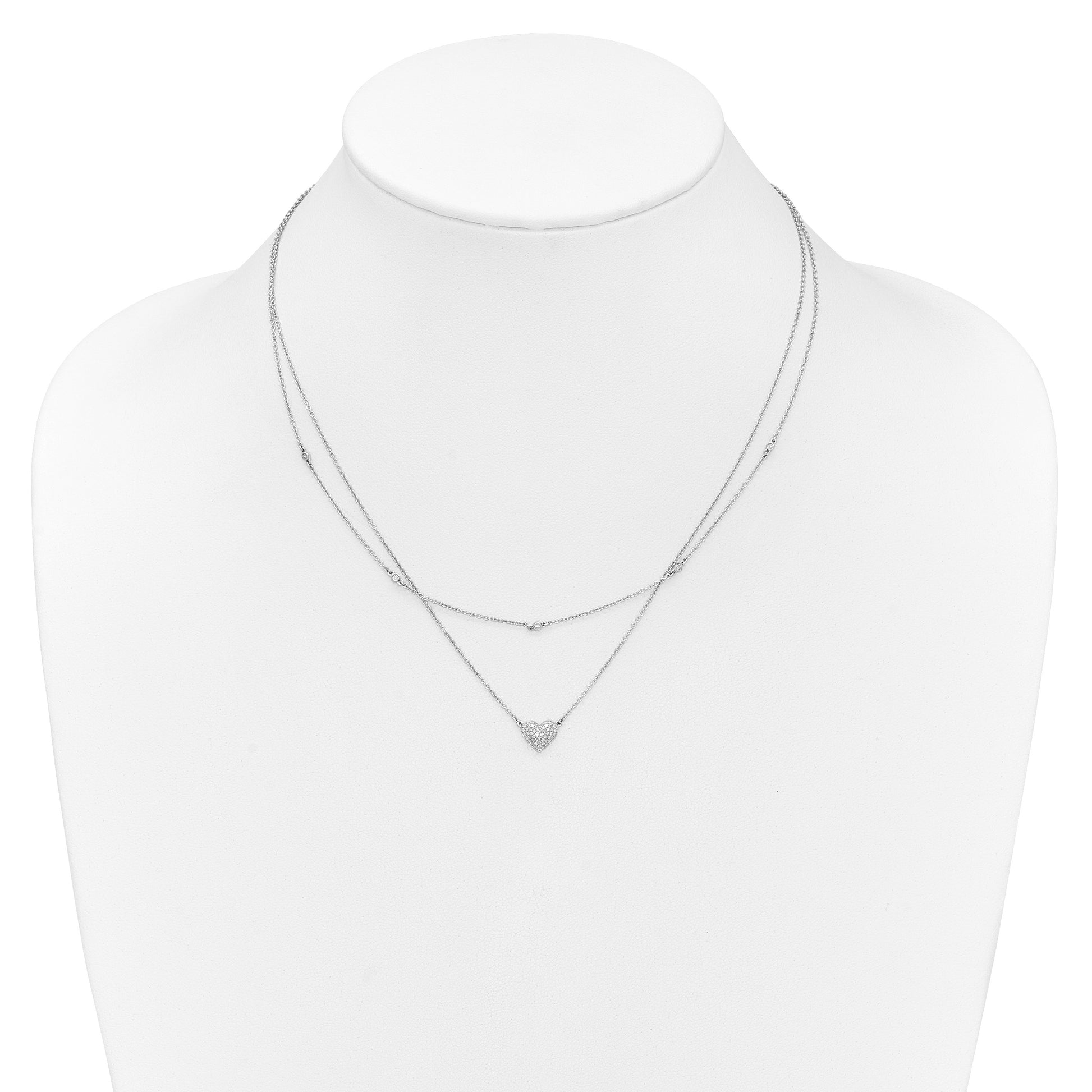 14k White Gold 1/5 carat Pave Diamond Double Strand Heart 18 inch Necklace