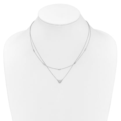 14k White Gold 1/5 carat Pave Diamond Double Strand Heart 18 inch Necklace