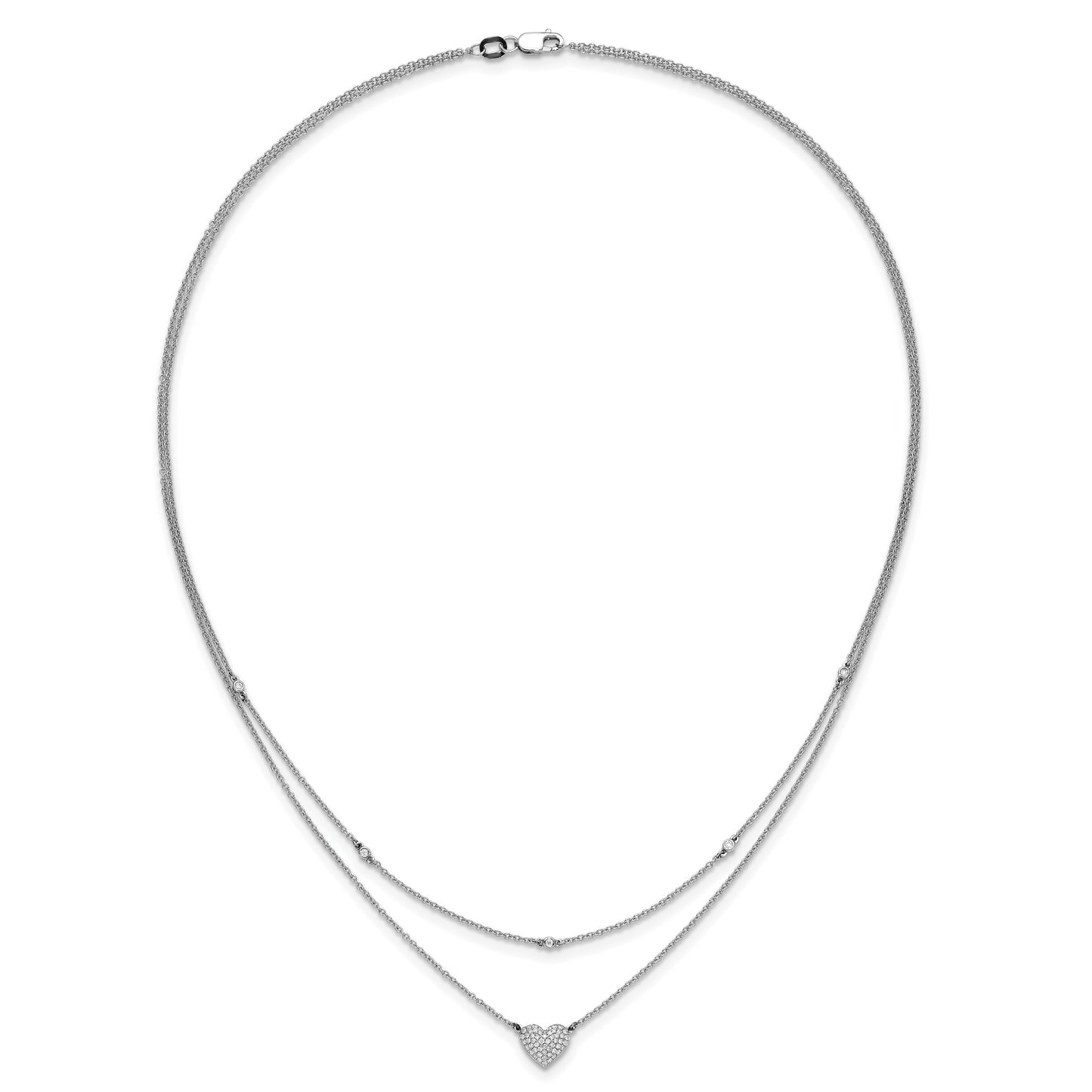 14k White Gold 1/5 carat Pave Diamond Double Strand Heart 18 inch Necklace