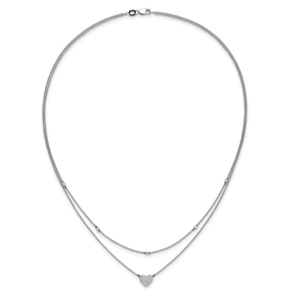 14k White Gold 1/5 carat Pave Diamond Double Strand Heart 18 inch Necklace